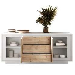 Garnero Arredamenti Credenze Moderne|Madie Moderne-Madia 180x80h cm 3 cassetti 2 ante moderna bianco opaco rovere chiaro Deluxe Rovere - Bianco opaco
