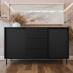 Garnero Arredamenti Credenze Moderne|Madie Moderne-Madia 153x90h cm 3 cassetti design cannettato nero Strike Nero Opaco