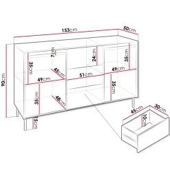 Garnero Arredamenti Credenze Moderne|Madie Moderne-Madia 153x90h cm 3 cassetti design cannettato bianco Strike Bianco Opaco