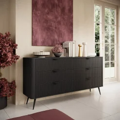 Garnero Arredamenti Cassettiera|Cassettiera-Madia 163x81h cm 6 cassetti moderna cannettato Ramis Nero Opaco