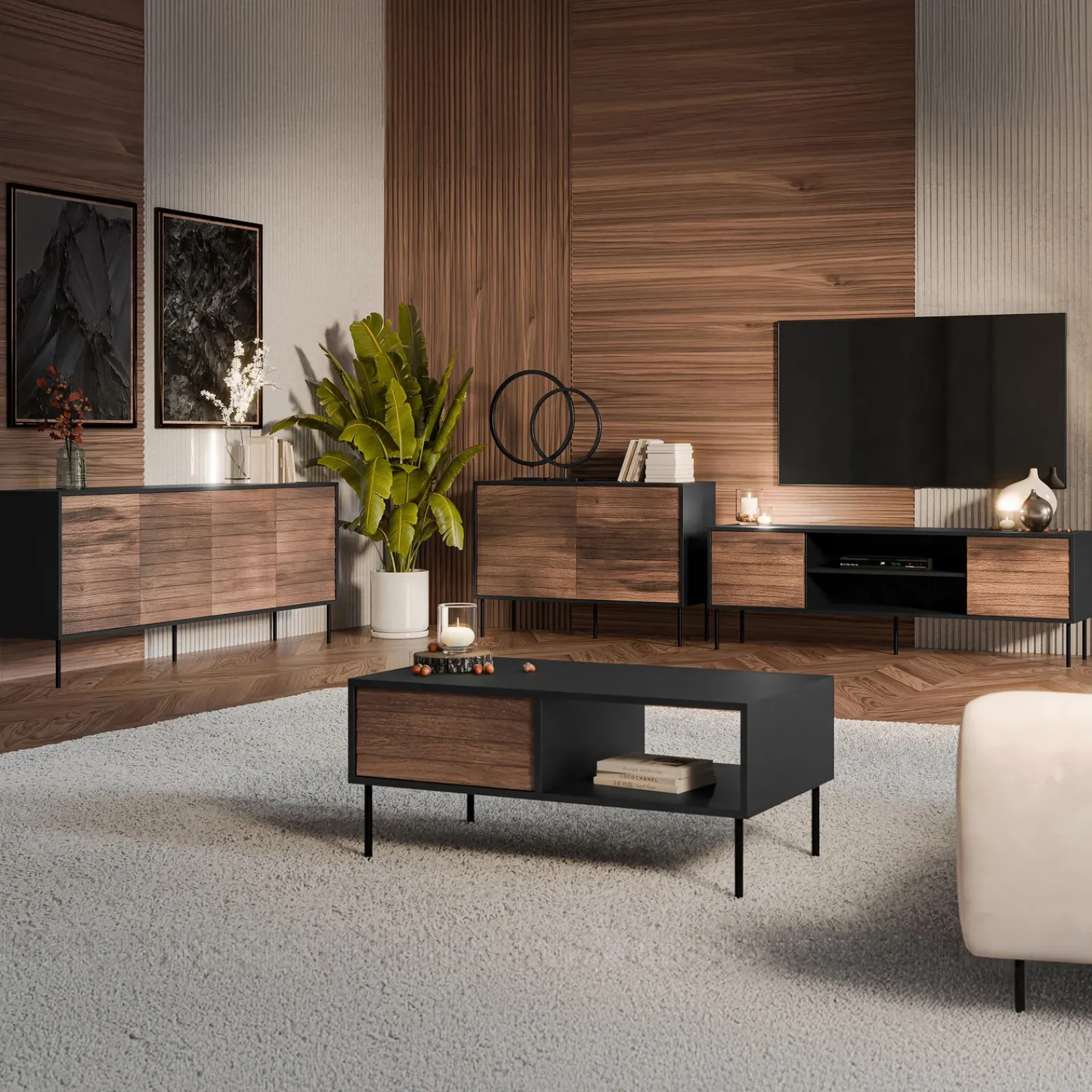 Garnero Arredamenti Credenze Moderne|Madie Moderne-Madia 120x81h cm 3 cassetti moderna noce nero Wild Noce - Nero opaco