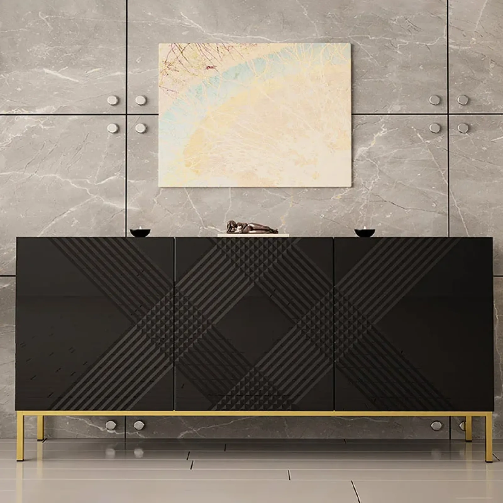 Garnero Arredamenti Madie Moderne|Madie Moderne-Madia 160x76h cm con frontale decorato moderna nero lucido Marisa