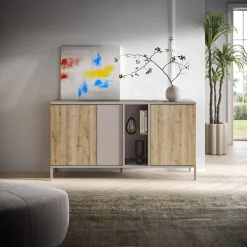 Garnero Arredamenti Madie Moderne|Madie Moderne-Madia 160x86h cm moderna 3 ante 2 vani soggiorno rovere chiaro beige Silka
