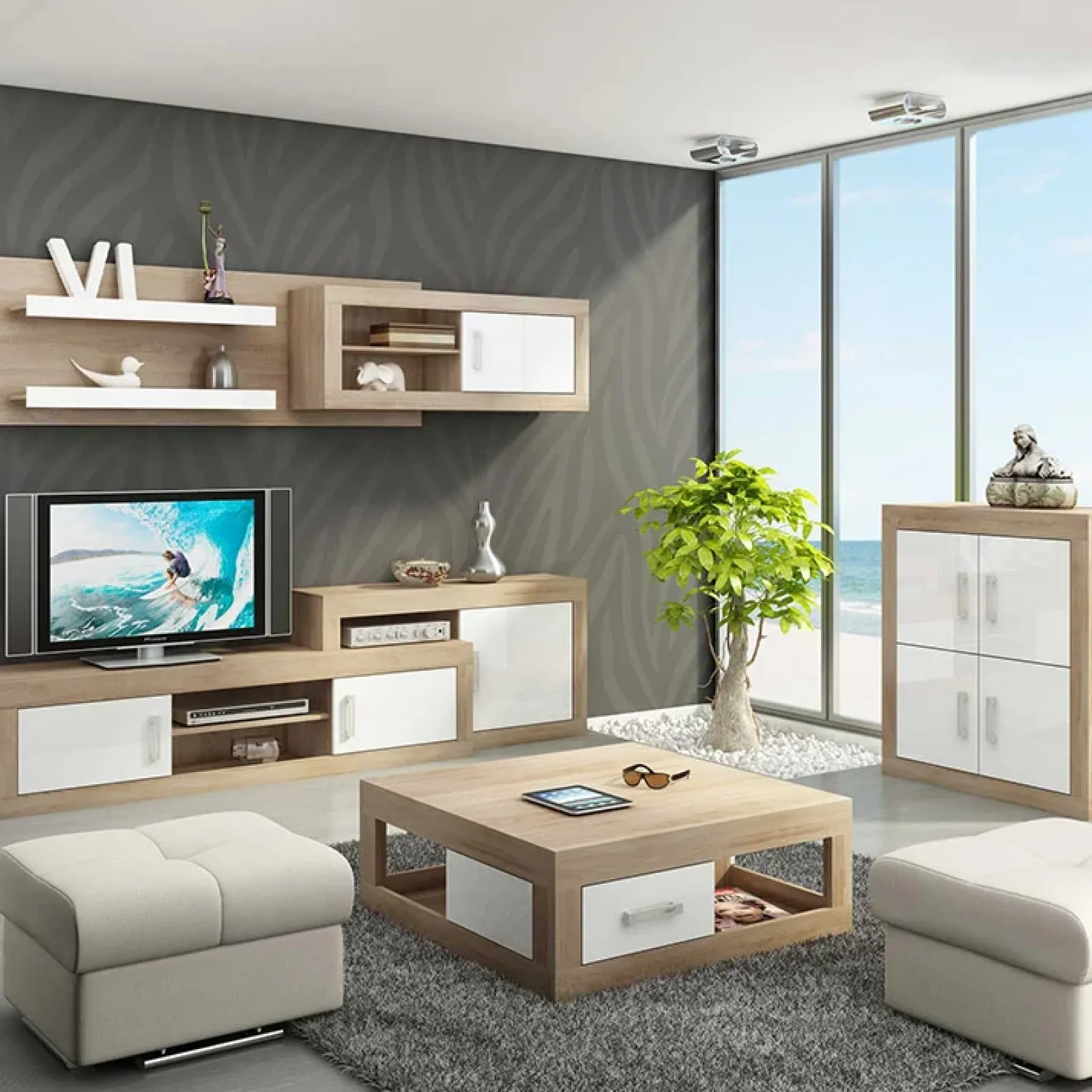 Garnero Arredamenti Credenze Moderne|Madie Moderne-Madia 90x100h cm moderna rovere bianco lucido Ester Gihome® Bianco Lucido - Rovere