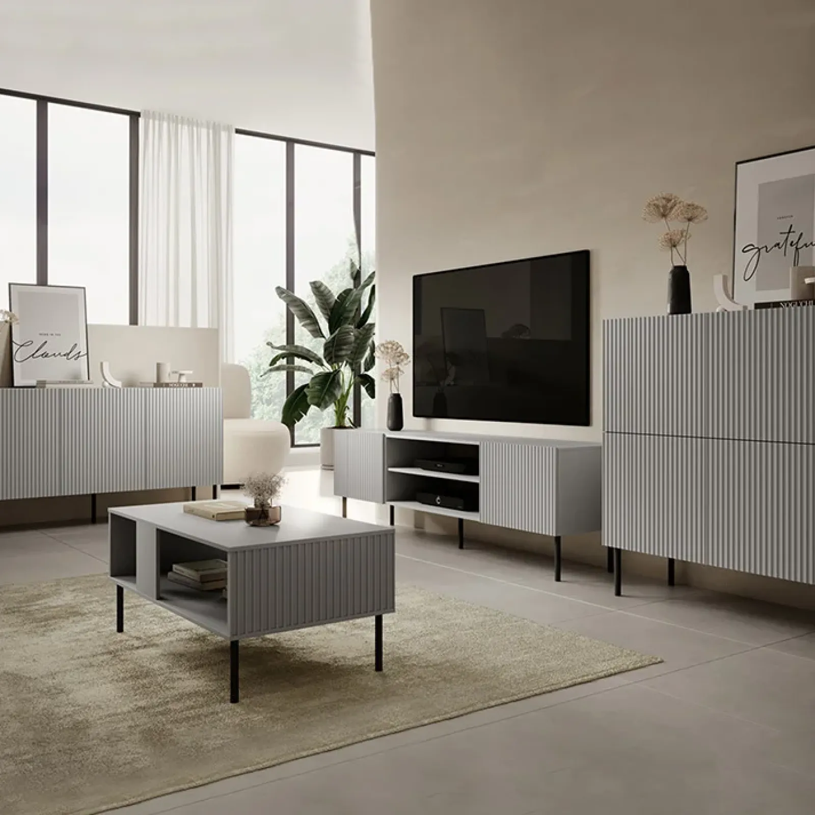 Garnero Arredamenti Credenze Moderne|Madie Moderne-Madia 150x81h cm moderna soggiorno grigio chiaro nero Cadice