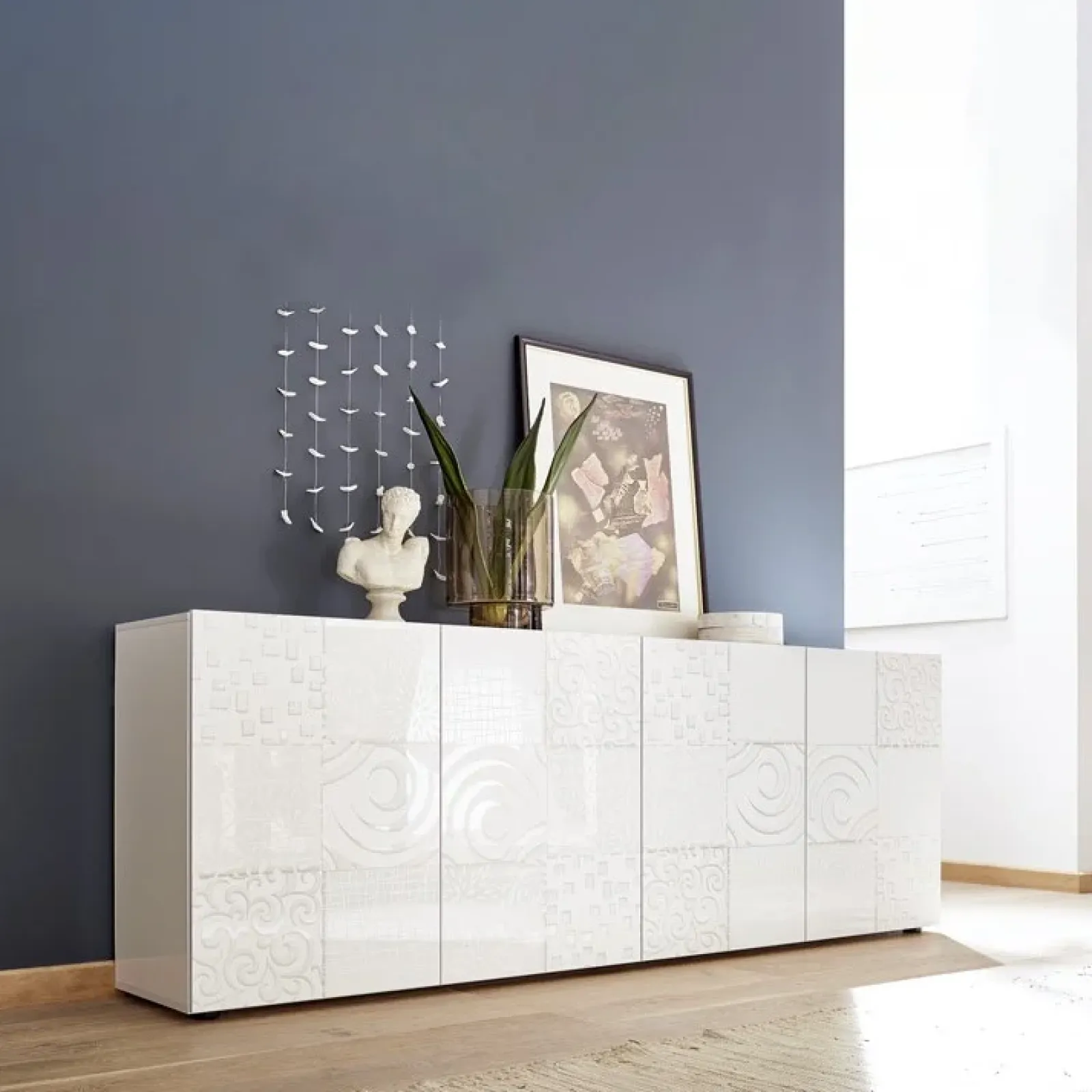 Garnero Arredamenti Credenze Moderne|Madie Moderne-Madia 241x84h cm soggiorno con serigrafia Paradise Bianco Lucido