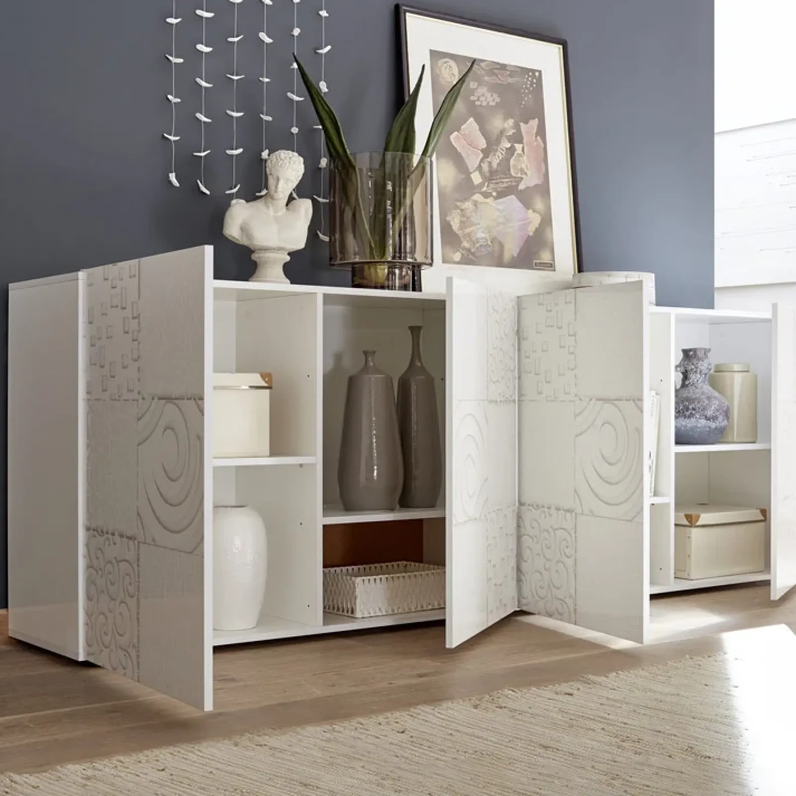 Garnero Arredamenti Credenze Moderne|Madie Moderne-Madia 241x84h cm soggiorno con serigrafia Paradise Bianco Lucido