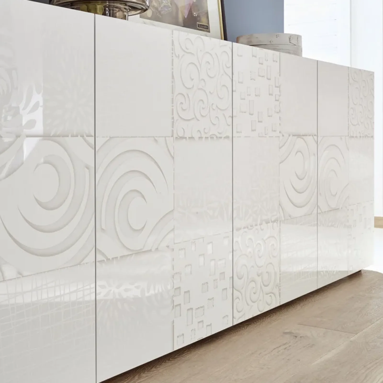 Garnero Arredamenti Credenze Moderne|Madie Moderne-Madia 241x84h cm soggiorno con serigrafia Paradise Bianco Lucido