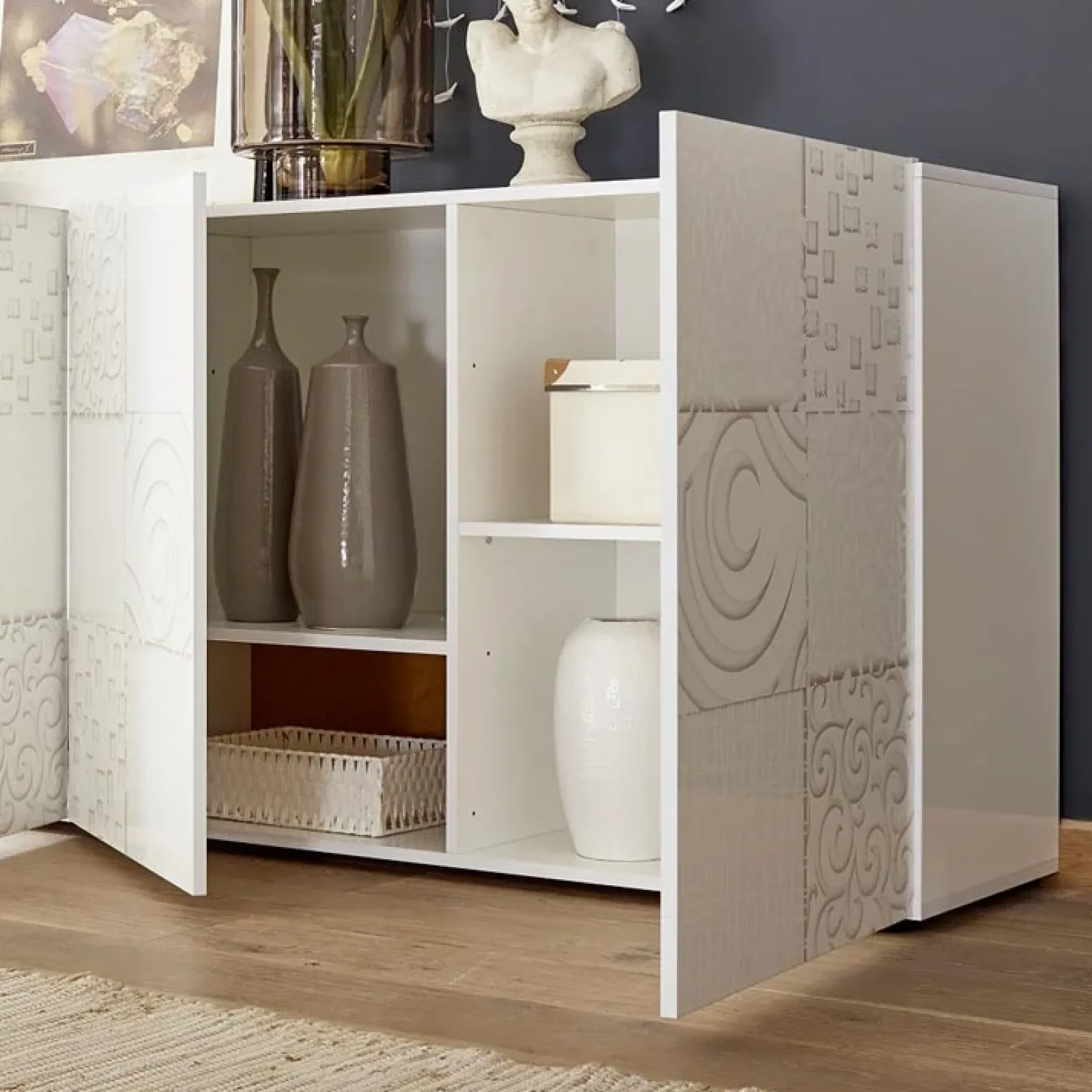 Garnero Arredamenti Credenze Moderne|Madie Moderne-Madia 241x84h cm soggiorno con serigrafia Paradise Bianco Lucido