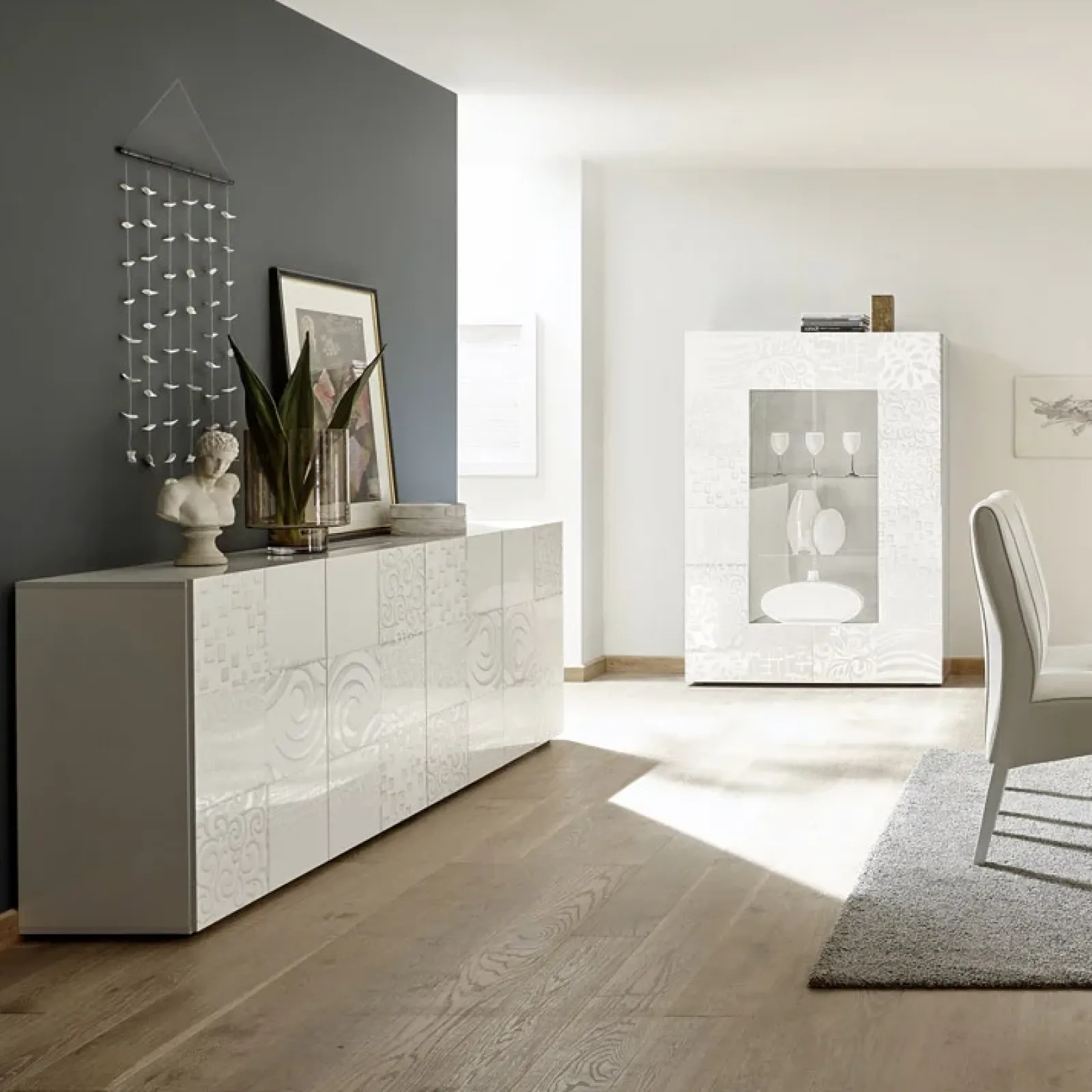 Garnero Arredamenti Credenze Moderne|Madie Moderne-Madia 241x84h cm soggiorno con serigrafia Paradise Bianco Lucido