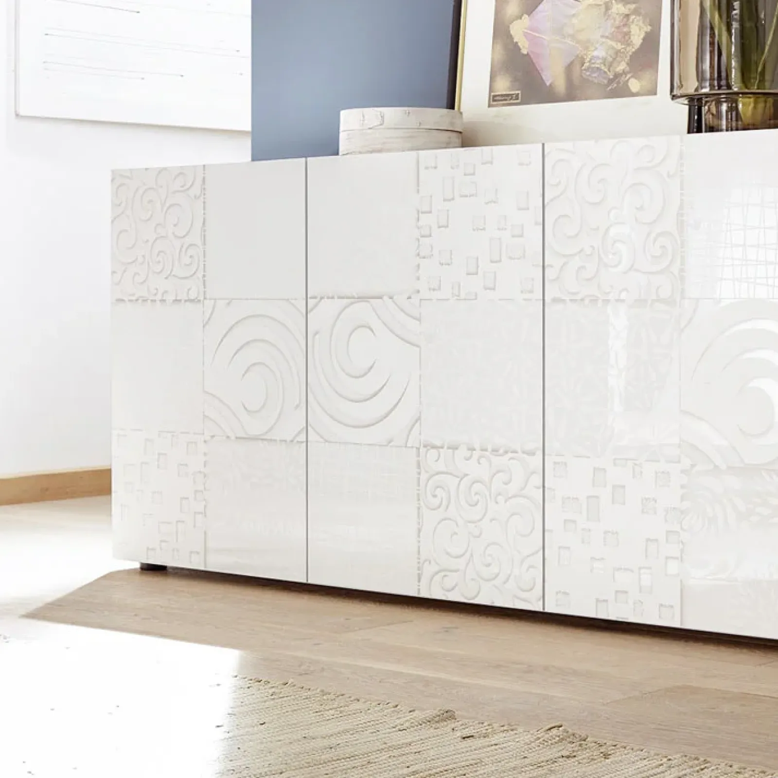 Garnero Arredamenti Credenze Moderne|Madie Moderne-Madia 241x84h cm soggiorno con serigrafia Paradise Bianco Lucido