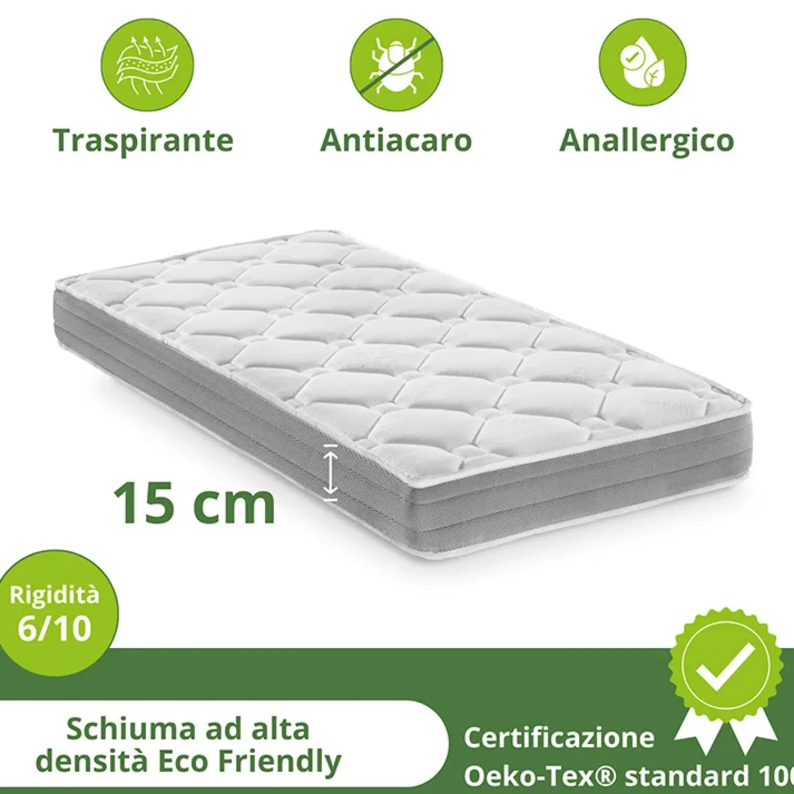 Garnero Arredamenti Materassi In Schiuma|Materassi In Schiuma-Materasso singolo 90x200cm anallergico antiacaro H. 15cm Smart Sleep