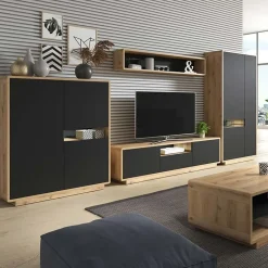 Garnero Arredamenti Mensole E Pensili-Mensola 150x27h cm moderna soggiorno rovere nero opaco Esmond