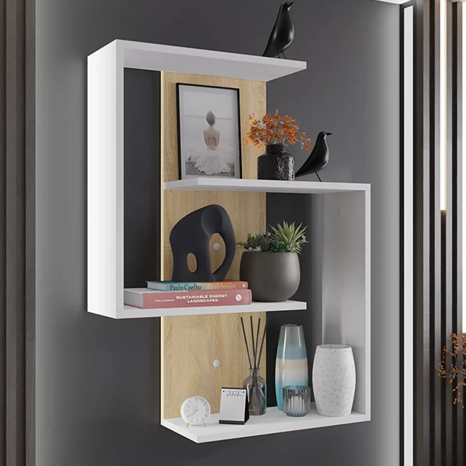 Garnero Arredamenti Mensole E Pensili-Mensola 65x85h cm pensile a muro design bianco rovere Marietta