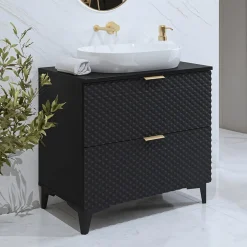 Garnero Arredamenti Mobili Bagno A Terra-Mobile bagno a terra 81cm 2 cassetti nero frontali decorati Konny Nero Lucido - Nero opaco
