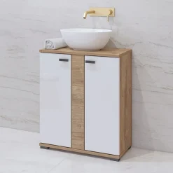 Garnero Arredamenti Mobili Bagno A Terra-Mobile bagno a terra 61cm 2 ante bianco lucido rovere Crystal