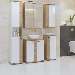 Garnero Arredamenti Mobili Bagno A Terra-Mobile bagno a terra 61cm con specchio e colonne bianco lucido rovere Crystal
