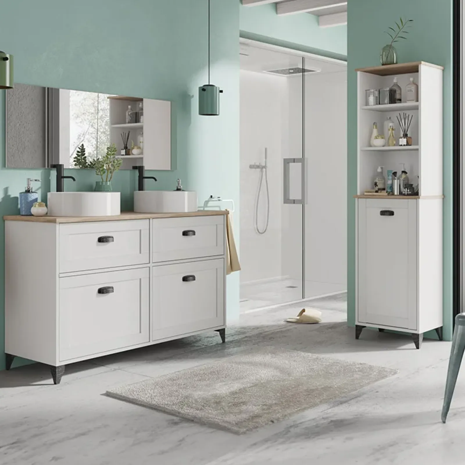 Garnero Arredamenti Mobili Bagno A Terra-Mobile bagno a terra 120cm con doppio lavabo e colonna shabby bianco rovere Ilias