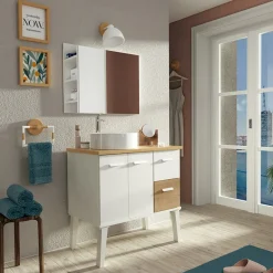 Garnero Arredamenti Mobili Bagno A Terra-Mobile bagno a terra 82cm con lavabo 2 cassetti 2 ante bianco rovere Inok