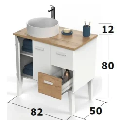 Garnero Arredamenti Mobili Bagno A Terra-Mobile bagno a terra 82cm con lavabo 2 cassetti 2 ante bianco rovere Inok