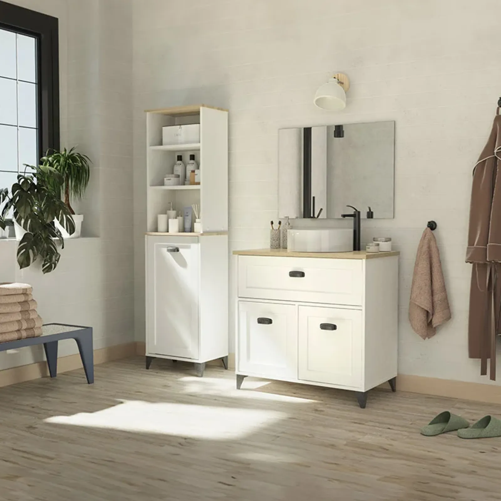 Garnero Arredamenti Mobili Bagno A Terra-Mobile bagno a terra 82cm con lavabo e colonna shabby bianco rovere Ilias