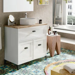 Garnero Arredamenti Mobili Bagno A Terra-Mobile bagno a terra 82cm con lavabo e colonna shabby bianco rovere Ilias