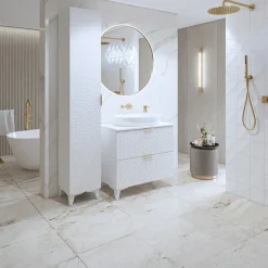 Garnero Arredamenti Mobili Bagno A Terra-Mobile bagno a terra 81cm con colonna bianco frontali decorati Konny Bianco Lucido - Bianco opaco
