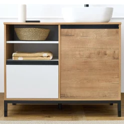 Garnero Arredamenti Mobili Bagno A Terra-Mobile bagno a terra 100cm con lavabo 1 anta 1 cassetto rovere bianco Jasmund