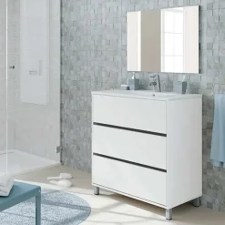 Garnero Arredamenti Mobili Bagno A Terra-Mobile bagno a terra 82cm con lavabo e specchio 3 cassetti Shutter Bianco Opaco