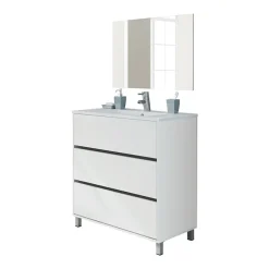 Garnero Arredamenti Mobili Bagno A Terra-Mobile bagno a terra 82cm con lavabo e specchio 3 cassetti Shutter Bianco Opaco