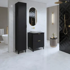 Garnero Arredamenti Mobili Bagno A Terra-Mobile bagno a terra 61cm con colonna nero frontali decorati Konny Nero Lucido - Nero opaco
