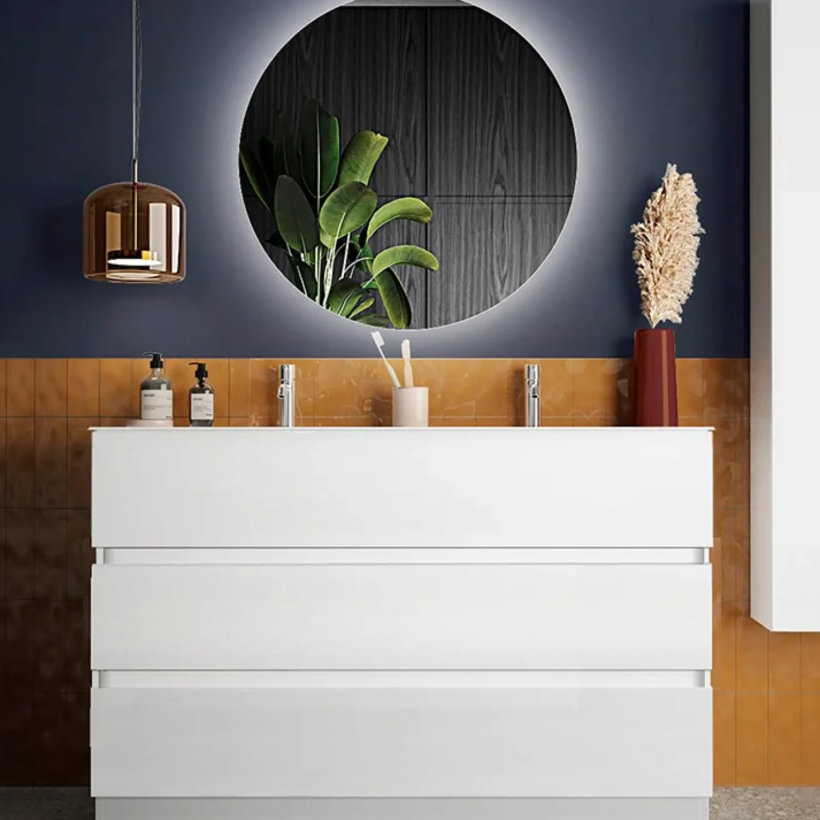 Garnero Arredamenti Mobili Bagno A Terra-Mobile bagno a terra 120cm con doppio lavabo e specchio bianco lucido Moon