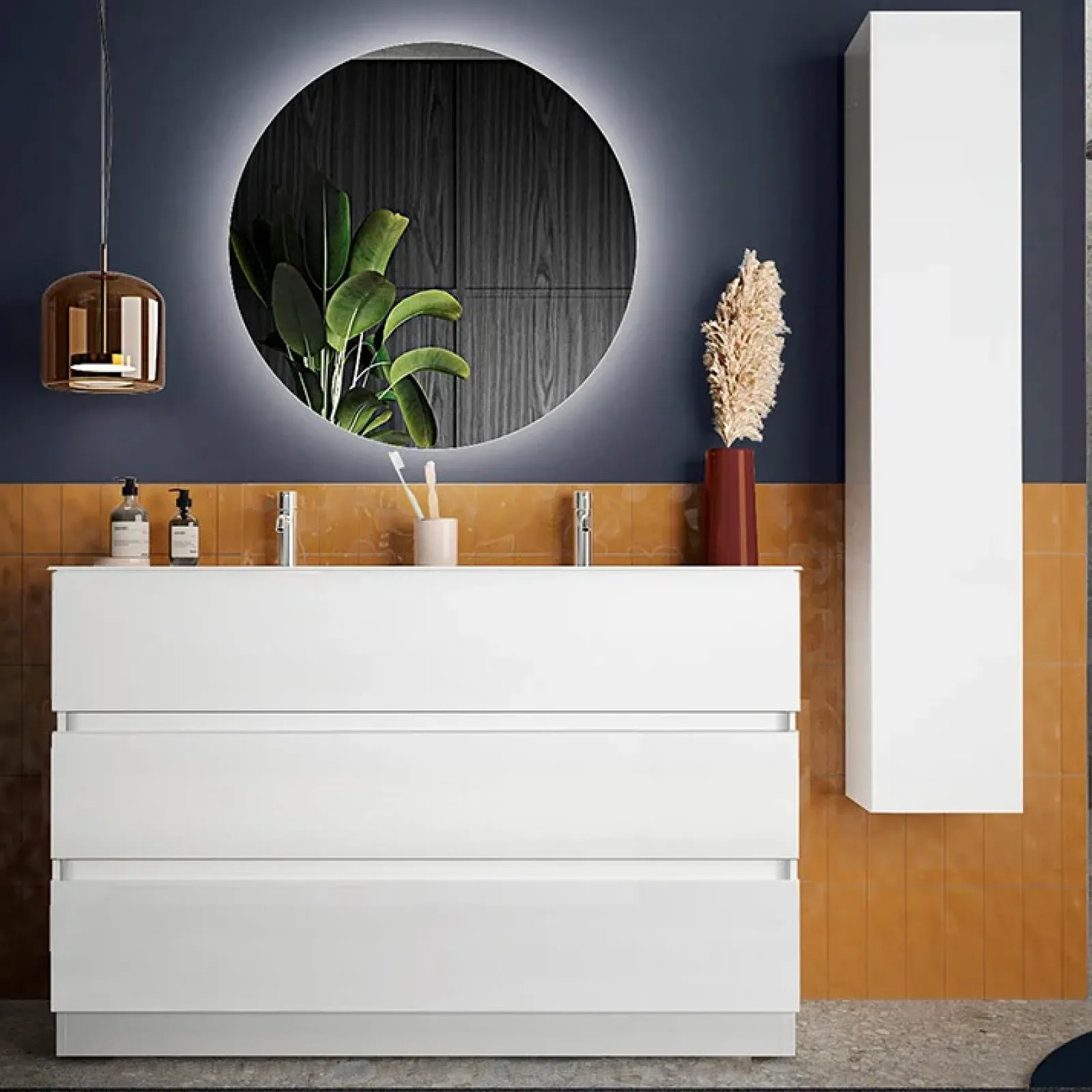 Garnero Arredamenti Mobili Bagno A Terra-Mobile bagno a terra 120cm con doppio lavabo e specchio bianco lucido Moon
