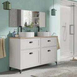 Garnero Arredamenti Mobili Bagno A Terra-Mobile bagno a terra 120cm con doppio lavabo 2 ante 2 cassetti bianco rovere Ilias