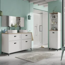Garnero Arredamenti Mobili Bagno A Terra-Mobile bagno a terra 120cm con doppio lavabo 2 ante 2 cassetti bianco rovere Ilias
