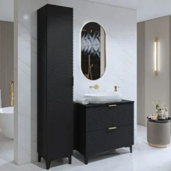 Garnero Arredamenti Mobili Bagno A Terra-Mobile bagno a terra 81cm con colonna nero frontali decorati Konny Nero Lucido - Nero opaco