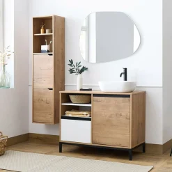 Garnero Arredamenti Mobili Bagno A Terra-Mobile bagno a terra 100cm con lavabo e colonna 3 ante 1 cassetto bianco Jasmund Rovere
