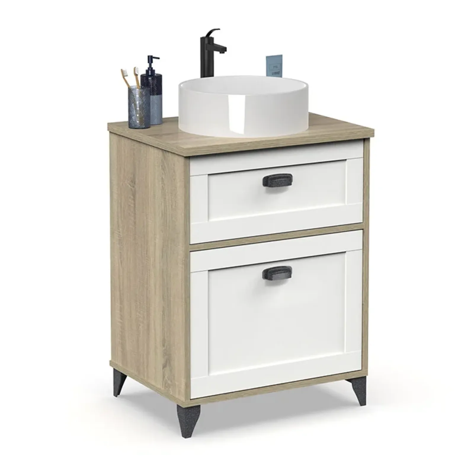 Garnero Arredamenti Mobili Bagno A Terra-Mobile bagno a terra 61cm con lavabo 1 cassetto 1 anta rovere bianco Ilias