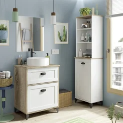 Garnero Arredamenti Mobili Bagno A Terra-Mobile bagno a terra 61cm con lavabo 1 cassetto 1 anta rovere bianco Ilias