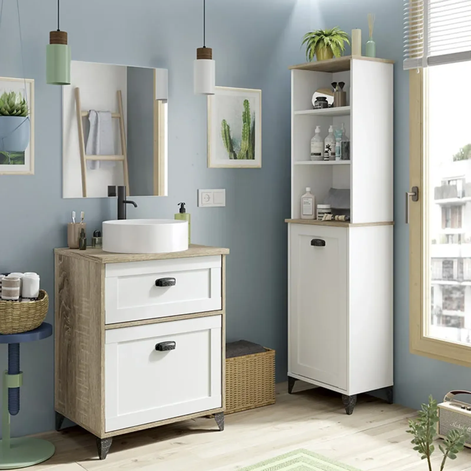 Garnero Arredamenti Mobili Bagno A Terra-Mobile bagno a terra 61cm con lavabo 1 cassetto 1 anta rovere bianco Ilias