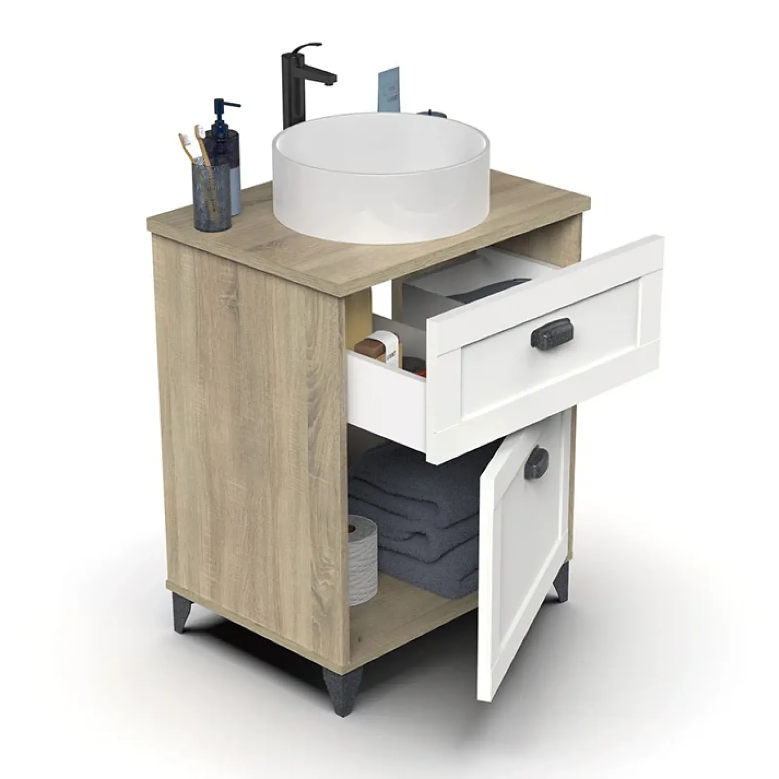 Garnero Arredamenti Mobili Bagno A Terra-Mobile bagno a terra 61cm con lavabo 1 cassetto 1 anta rovere bianco Ilias