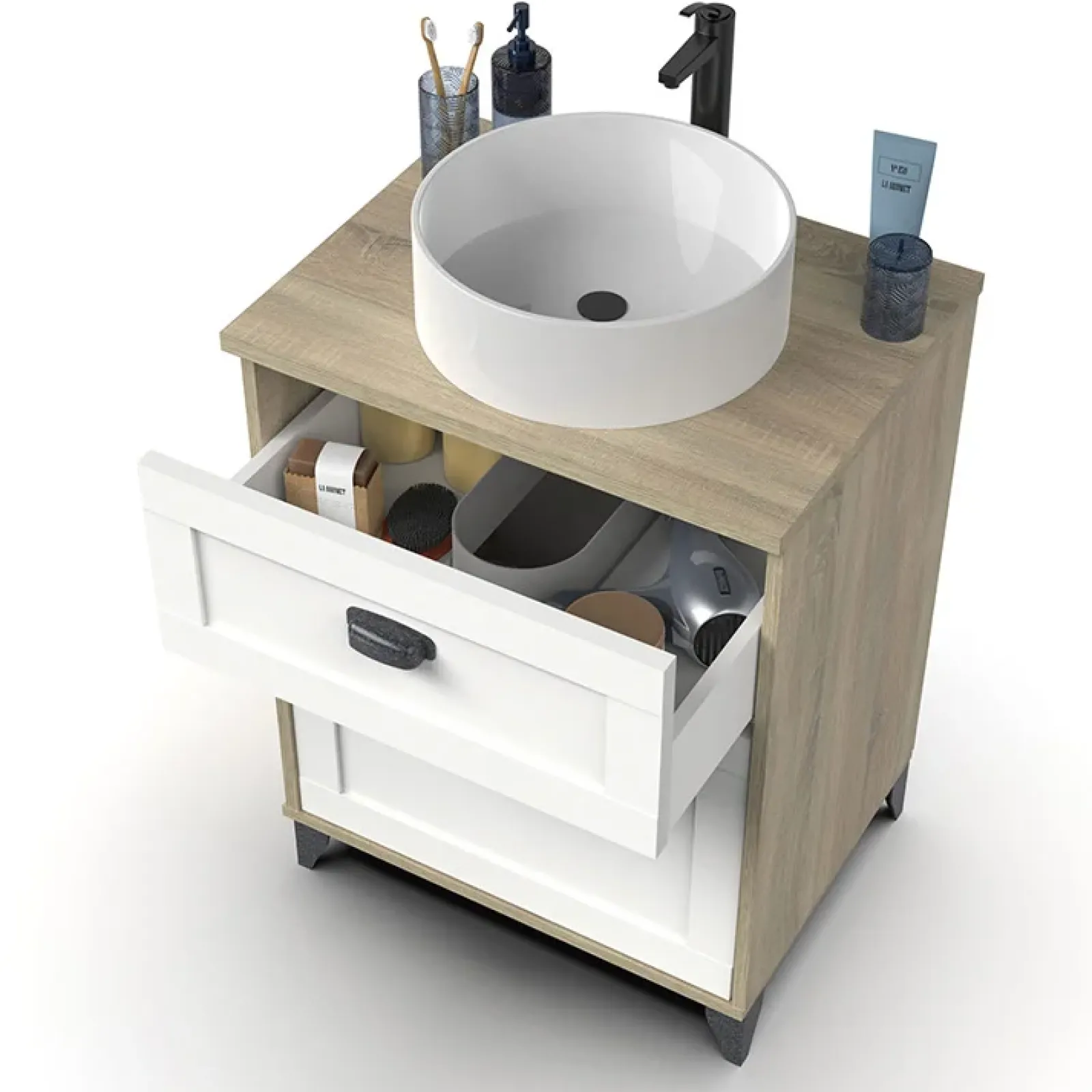 Garnero Arredamenti Mobili Bagno A Terra-Mobile bagno a terra 61cm con lavabo 1 cassetto 1 anta rovere bianco Ilias