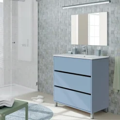 Garnero Arredamenti Mobili Bagno A Terra-Mobile bagno a terra 82cm con lavabo e specchio 3 cassetti blu chiaro Shutter Azzurro