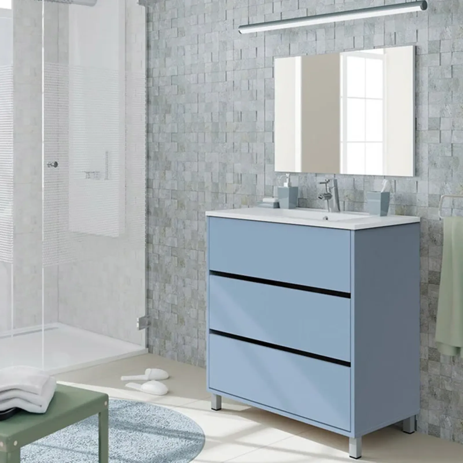 Garnero Arredamenti Mobili Bagno A Terra-Mobile bagno a terra 82cm con lavabo e specchio 3 cassetti blu chiaro Shutter Azzurro