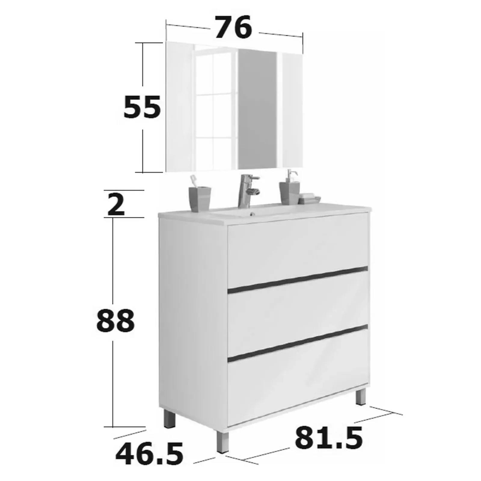 Garnero Arredamenti Mobili Bagno A Terra-Mobile bagno a terra 82cm con lavabo e specchio 3 cassetti blu chiaro Shutter Azzurro