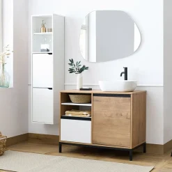 Garnero Arredamenti Mobili Bagno A Terra-Mobile bagno a terra 100cm con lavabo e colonna 3 ante 1 cassetto bianco rovere Jasmund Bianco Opaco - Rovere
