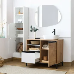 Garnero Arredamenti Mobili Bagno A Terra-Mobile bagno a terra 100cm con lavabo e colonna 3 ante 1 cassetto bianco rovere Jasmund Bianco Opaco - Rovere