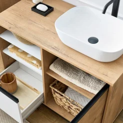 Garnero Arredamenti Mobili Bagno A Terra-Mobile bagno a terra 100cm con lavabo e colonna 3 ante 1 cassetto bianco rovere Jasmund Bianco Opaco - Rovere