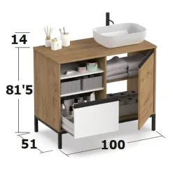 Garnero Arredamenti Mobili Bagno A Terra-Mobile bagno a terra 100cm con lavabo e colonna 3 ante 1 cassetto bianco rovere Jasmund Bianco Opaco - Rovere