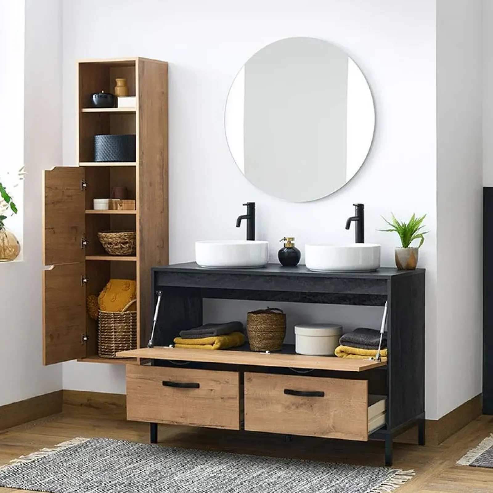 Garnero Arredamenti Mobili Bagno A Terra-Mobile bagno a terra 120cm con doppio lavabo e colonna rovere antracite Crown